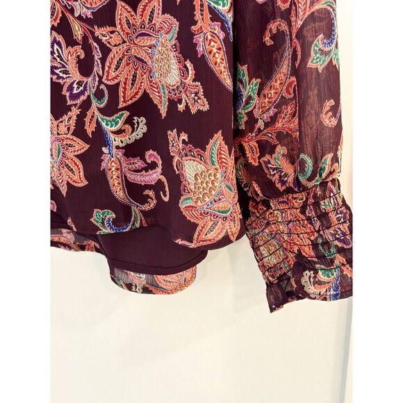 NWT LOFT Long Sleeve Maroon Floral Design Blouse Paisley Ruched Sleeves Sz L - Picture 5 of 7